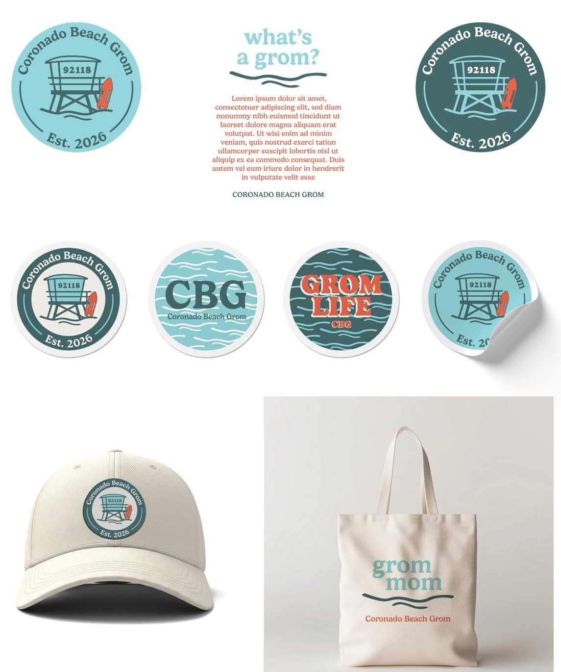 Coronado Beach Grom stickers, hat, and tote merchandise